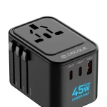 Universal travel adapter with 2 USB-C GaN 45W ports, 1 USB-A port, and worldwide compatibility for 224+ countries | AquaJade Travel Agency